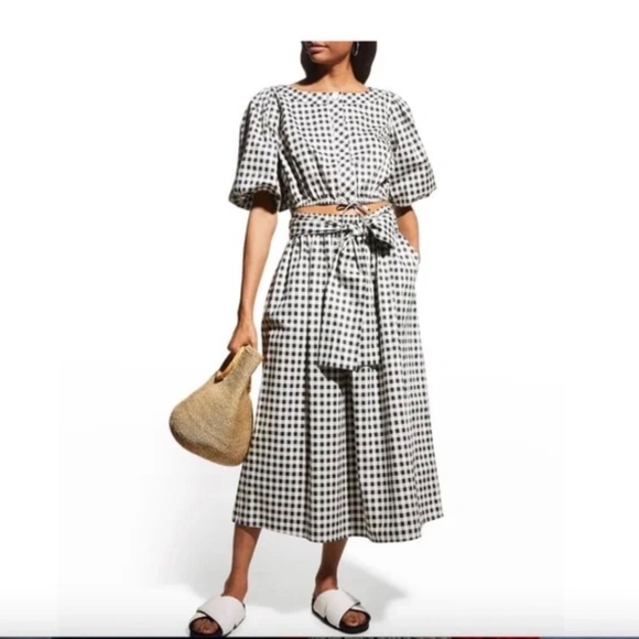 Tory Burch Black White Gingham Midi Skirt Small Cotton Tie Waist Pockets NWOT - Picture 3 of 10